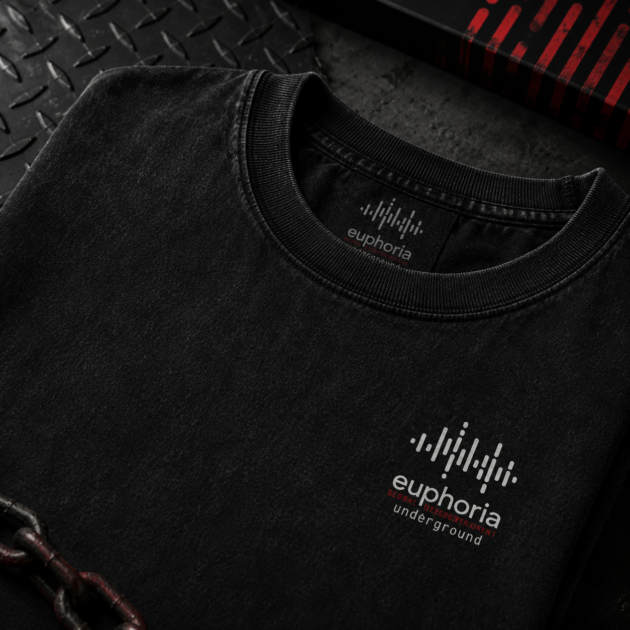 Euphoria Underground black t-shirt collar and chest print close-up