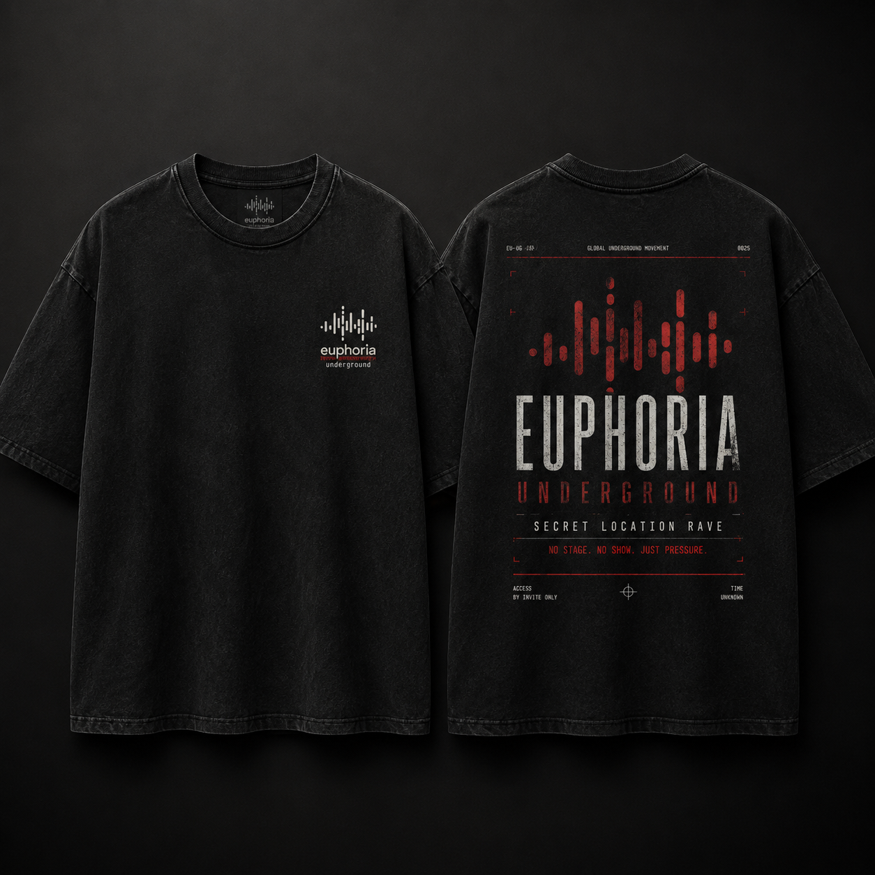 Euphoria Underground black t-shirt front and back mockup