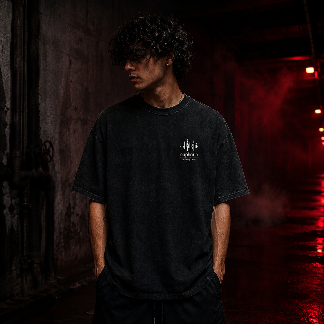 Euphoria Underground black t-shirt front lifestyle photo